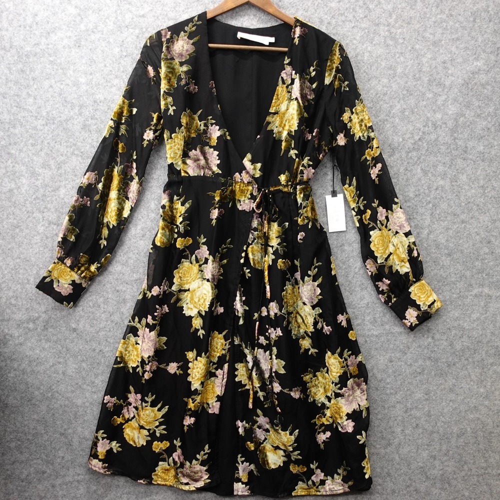 Burnout Velvet Wrap Dress Womens S Black Floral Sheer Party Boho ASTR The Label